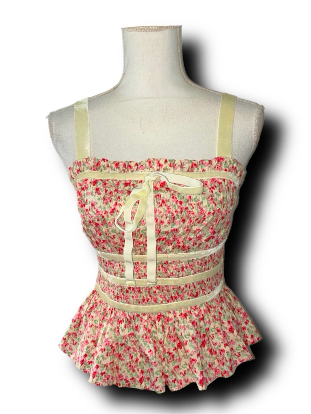 Entro Cottagecore-Inspired Floral Peplum Floral Camisole with Velvet Detailing